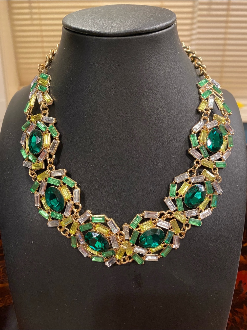 Gold-Tone Statement Necklace with Emerald Green Crystals